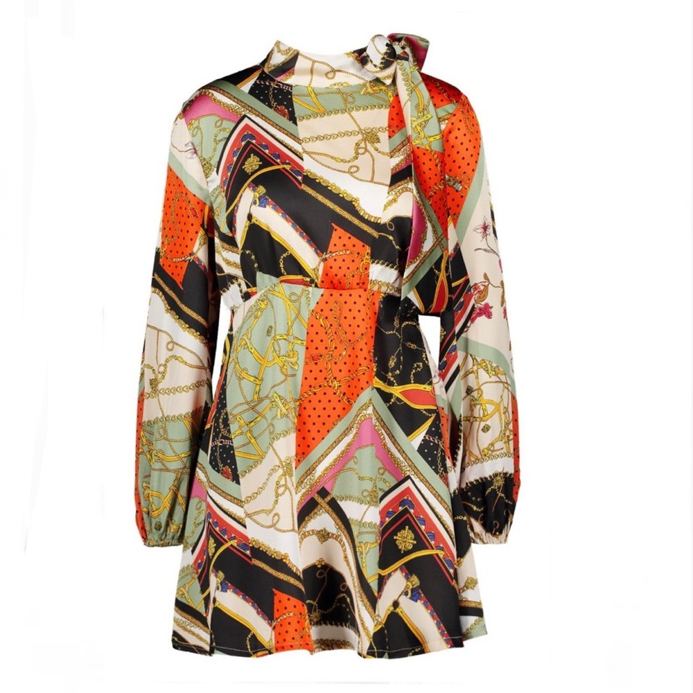 Tie Neck Chain Print Skater Dress